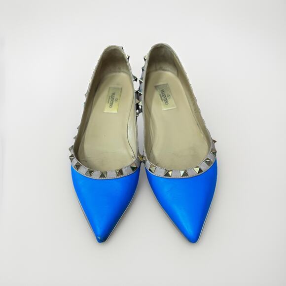 VALENTINO Shoes Ballet Flats Size 37 Blue ROCKSTUD Studded Pointed Toe Luxury - Picture 2 of 16